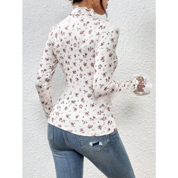 Rib Knit Ditsy Floral Print Embroidery Mesh Flare Sleeve Mock Neck Tee - Picture 3 of 9